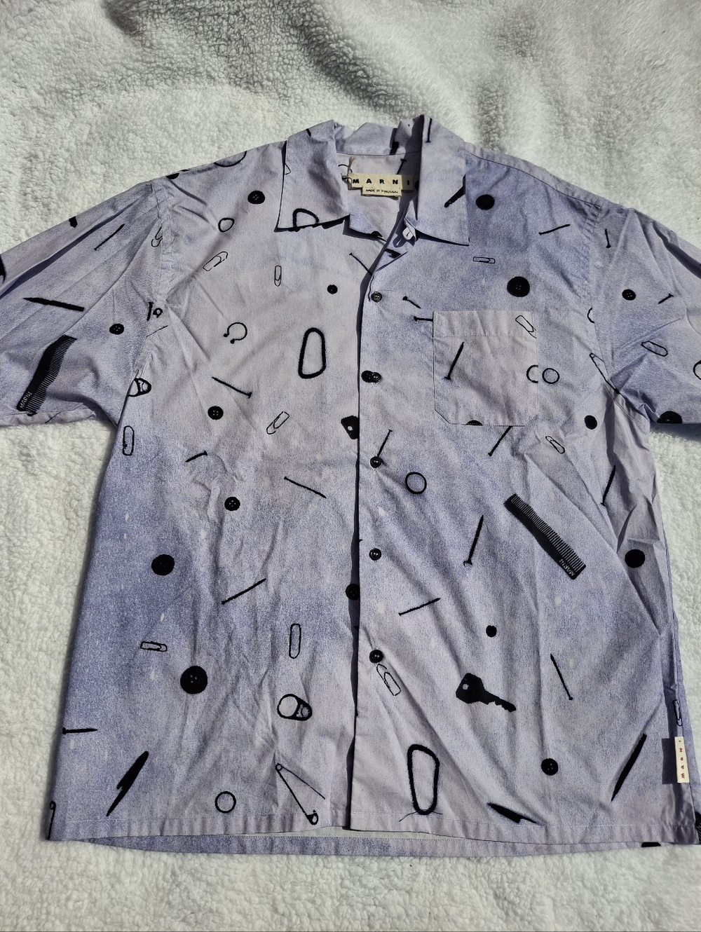 Marni Light Purple Short Sleeve Button-Down Shirt with Abstract Print - Size 50